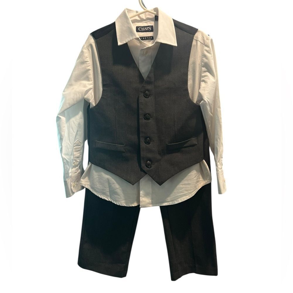 Chaps Boys 3-Piece Dress Outfit Set White Stretch Shirt Gray Vest & Pants Size 5